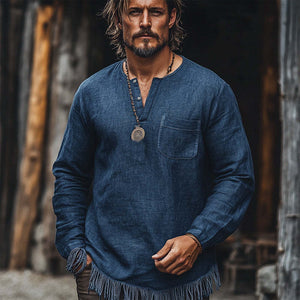 Men's Vintage Navy Blue Small V-Neck Cotton And Linen Tassel Casual T-Shirt