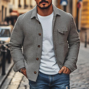 Herren Vintage Einreihige Hemdjacke mit Hahnentrittmuster und Revers