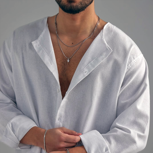 Camisa de manga larga con cuello redondo, holgada y lisa para hombre