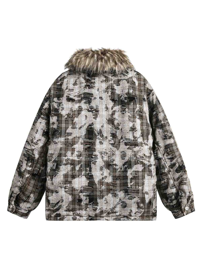 Camouflage Detachable Fur Collar Quiled Jacket