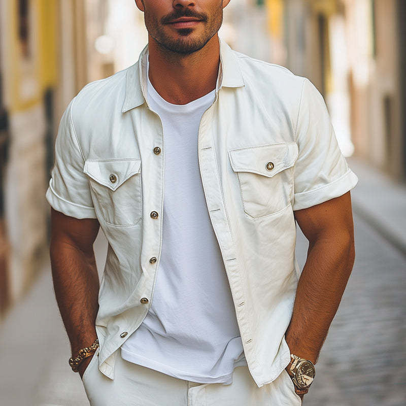 Camisa básica holgada de manga corta con solapa de verano para hombre