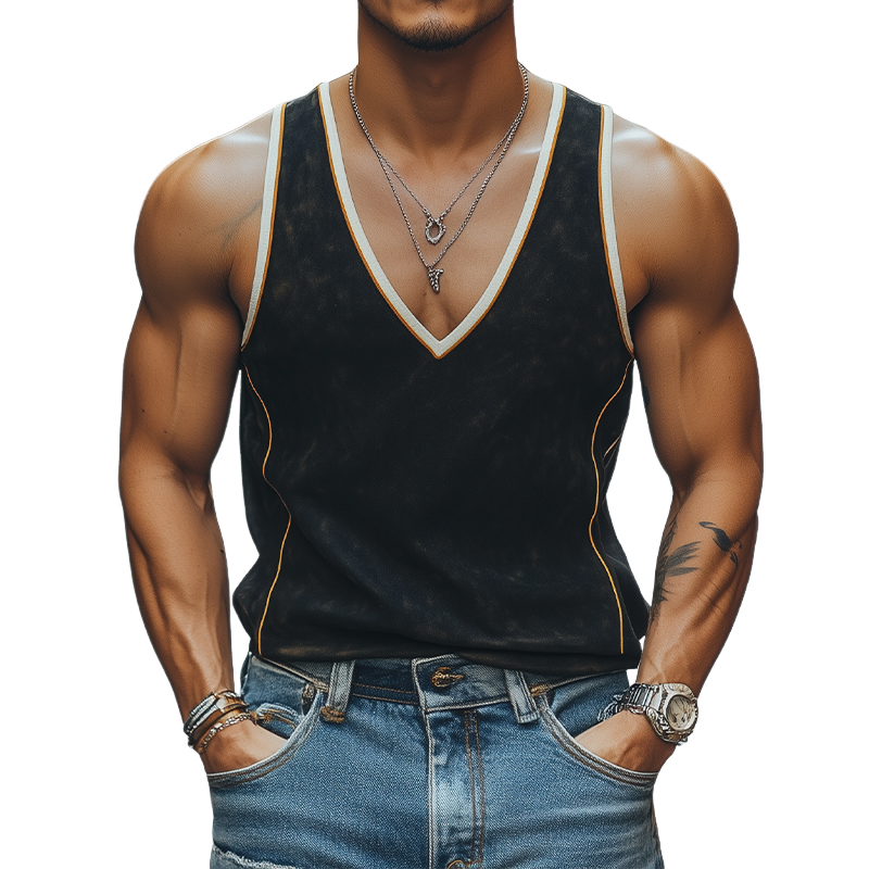 Herren Sommermode Lässiges Tanktop aus Wildleder mit tiefem V-Ausschnitt und Kontrastfarbennähten