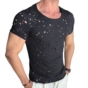 Men's Retro Casual Cotton Irregular Hole Round Neck Short Sleeve Shirt
