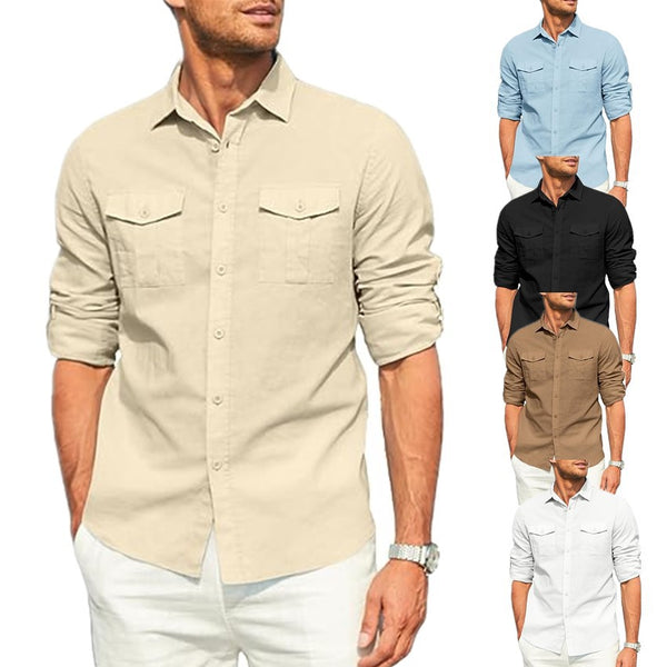 DOUBLE POCKET COTTON LINEN LONG SLEEVED SHIRT CASUAL VACATION SHIRT