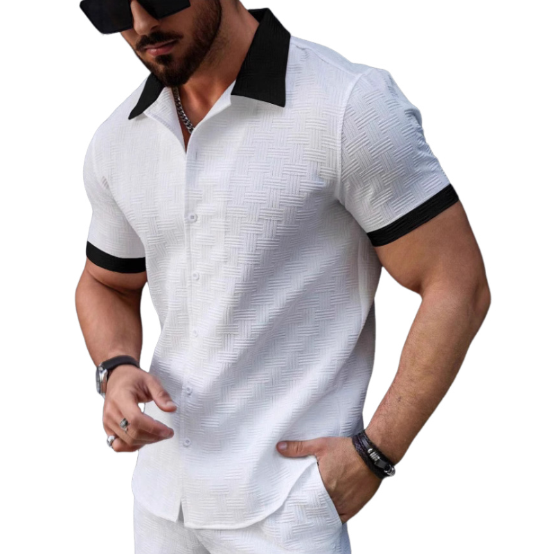 Camisa de manga corta ajustada con solapa de jacquard en contraste retro para hombre