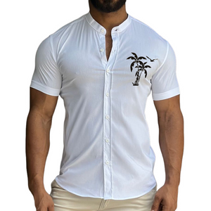 Men's Retro Casual Coconut Tree Print Stand Collar Short Sleeve Shirt
