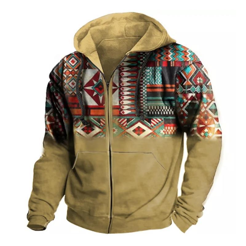 Men's Retro Casual Ethnic Style Geometric Print Zipper Hoodie