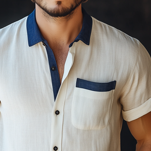 Men's Retro Casual Linen Colorblock Simple Lapel Pocket Short Sleeve Shirt