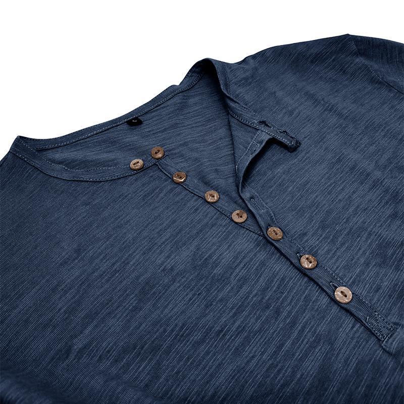 Camiseta informal de manga larga con cuello henley y múltiples botones para hombre