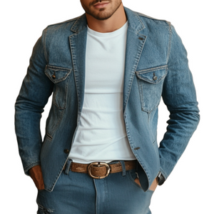 Men's Retro Notched Lapel Denim Single Breasted Multi-Pocket Slim Fit Blazer