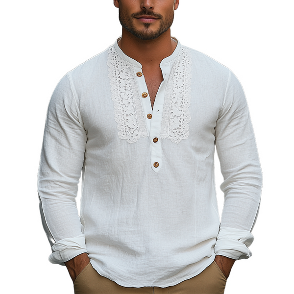 Herren Frühlingsmode Klassisches Henley-Kragen Spitzennähte Langarmhemd aus Baumwolle und Leinen