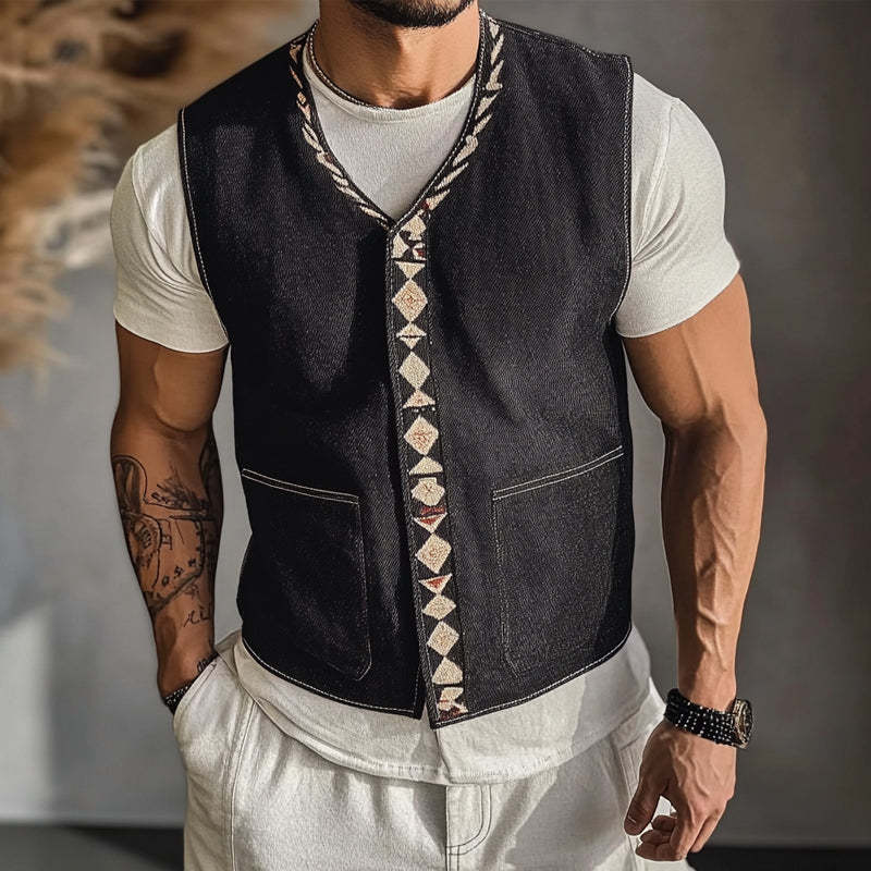 Chaleco vaquero bordado con cuello en V para hombre