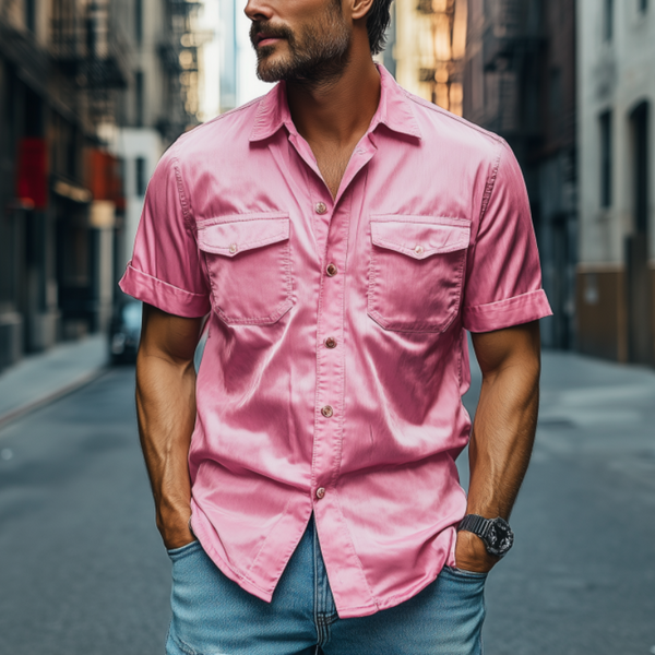 Men's Fashion Spring Summer Casual Satin Short Sleeve Shirt