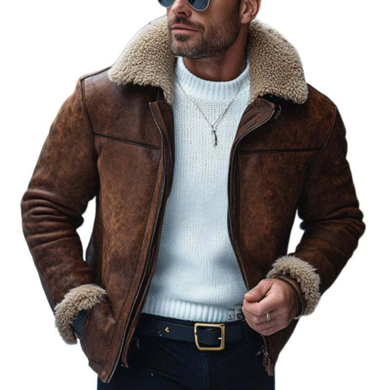 Herren Vintage Leder Lammwolle Patchwork Warm Revers Reißverschluss Mantel
