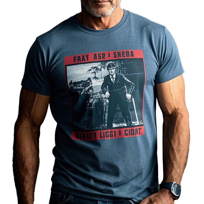 Herren-T-Shirt aus Baumwolle mit Retro-Film-Print und kurzen Ärmeln