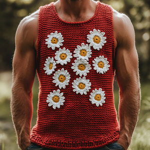 Lässiges Herren-Tanktop mit Rundhalsausschnitt, Gänseblümchen-Stickerei und schmaler Passform