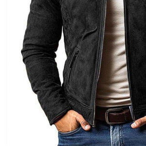 Chaqueta clásica informal de ante con cuello alto, cremallera y múltiples bolsillos para hombre