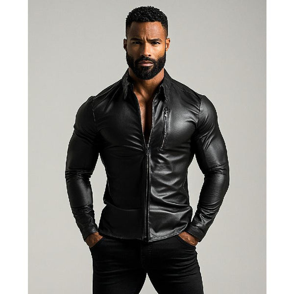 Men's Fashion Lapel Zipper Slim Fit Long Sleeve Leather Shirt