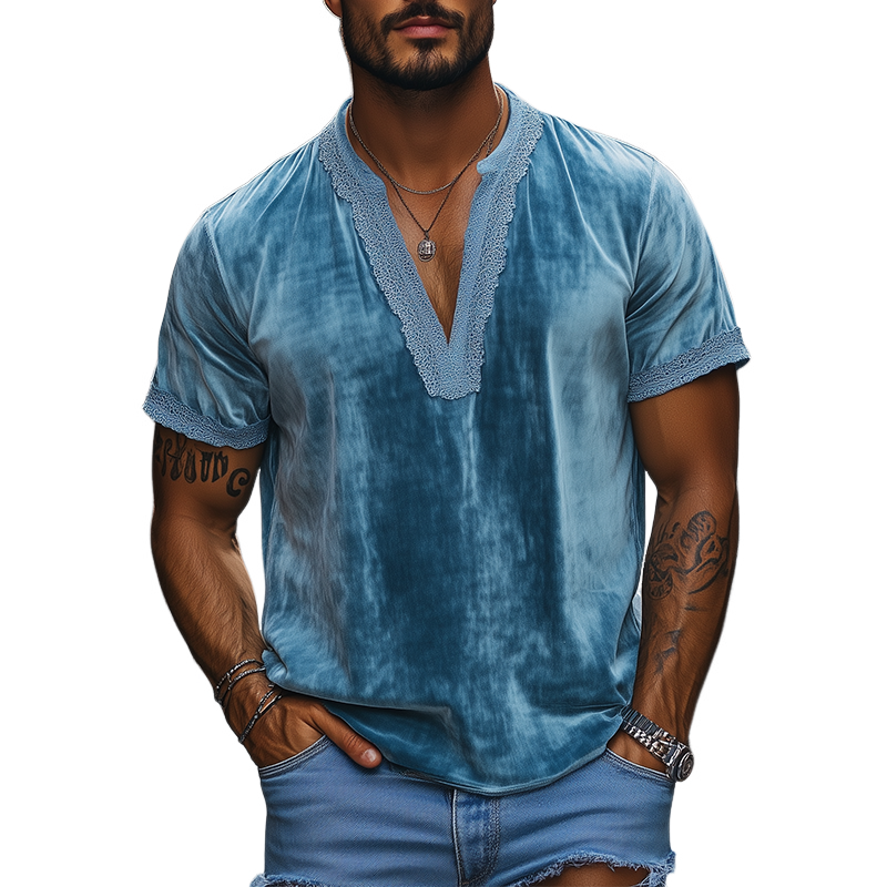 Herren Frühlingsmode Tiefer V-Ausschnitt Spitzennähte Samt Kurzarm T-Shirt