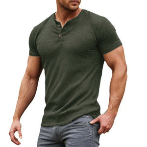 Camiseta informal de manga corta con cuello Henley, de mezcla de algodón liso y corte ajustado para hombre