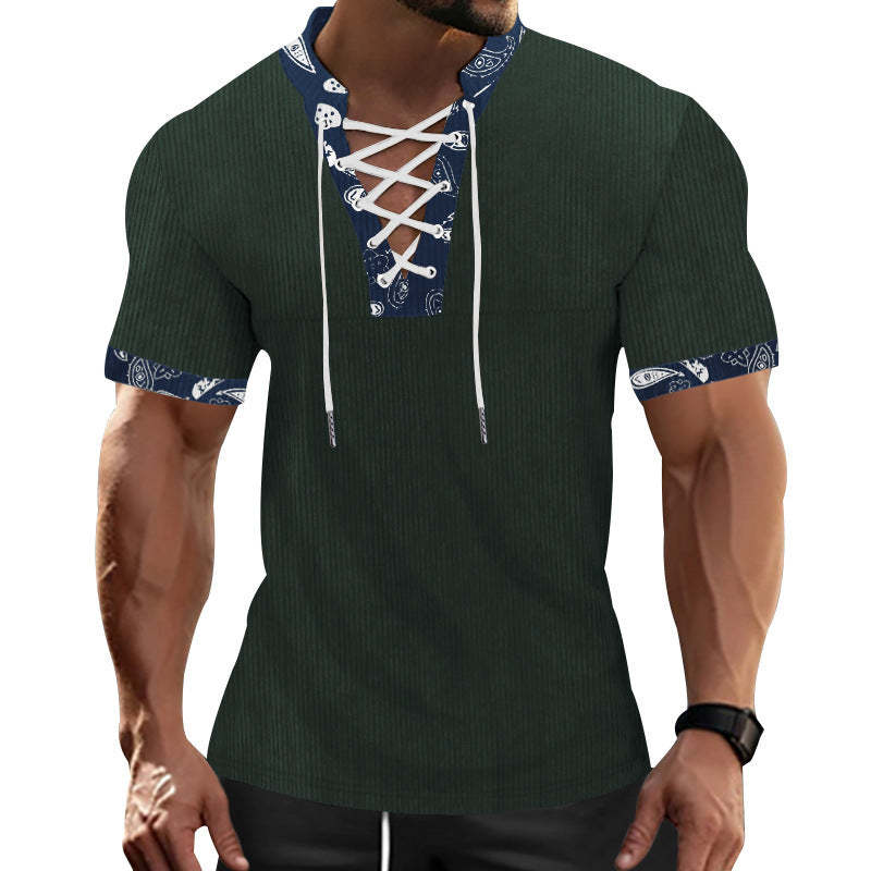 Lässiges, kurzärmliges T-Shirt mit Kontrastfarbe und Schnürung für Herren