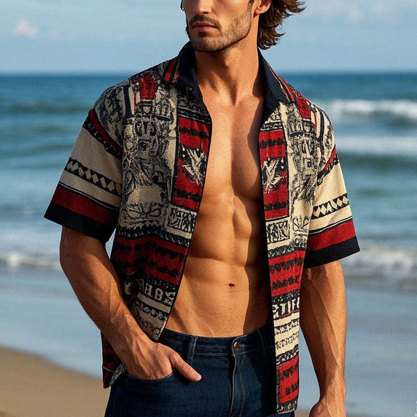 Men's Vintage Printed Lapel Short Sleeve Shirt
