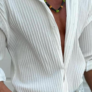 Men's Solid Striped Lapel Long Sleeve Casual Shirt