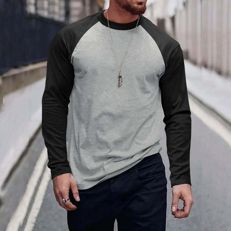 Camiseta retro informal de manga larga con cuello redondo y bloques de color para hombre