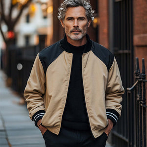 Chaqueta de béisbol retro con cremallera y bloques de color camello negro para hombre