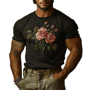Camiseta vintage de manga corta con bordado de rosas desgastadas para hombre