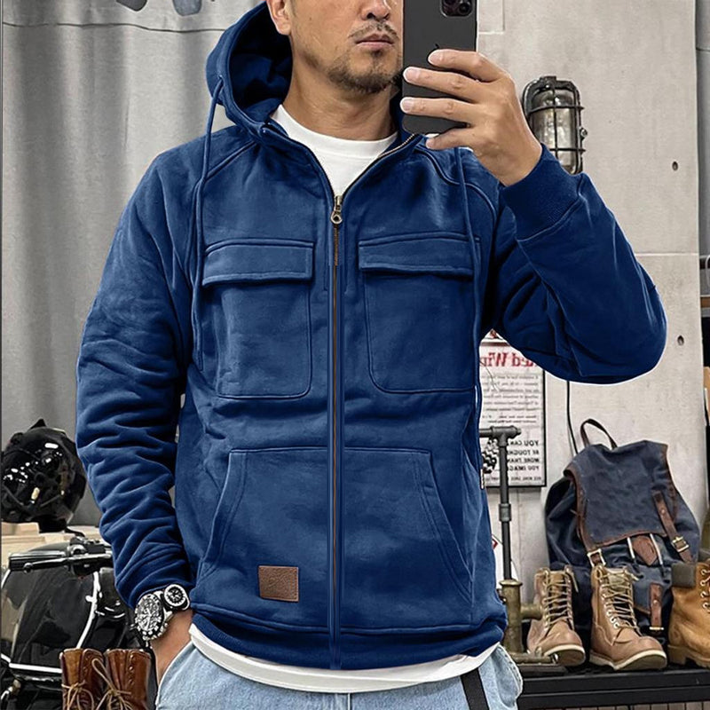 CROSS BORDER AUTUMN AND WINTER ZIPPER NEW MEN'S HOODED SOLID COLOR LOOSE YOUTH SPORTS MULTI POCKET LEATHER SWEATSHIRT OUTER SET