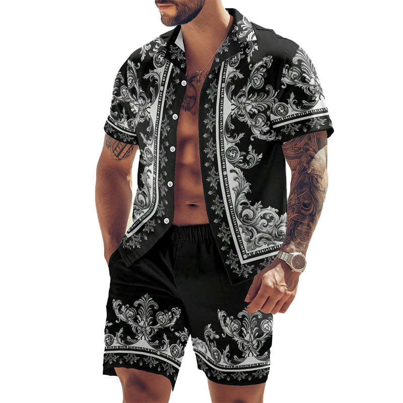 Conjunto de dos piezas de pantalones cortos de manga corta con estampado de flores de anacardo para hombre