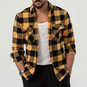 Camisa de manga larga con solapa y bolsillo a cuadros estilo retro informal para hombre