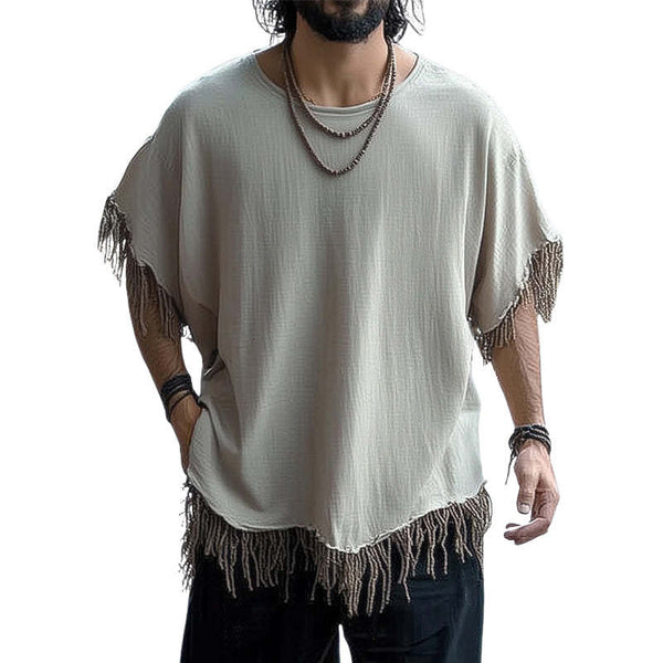 Men's Summer Ice Silk Wrinkled Tassel Loose Casual T-shirt