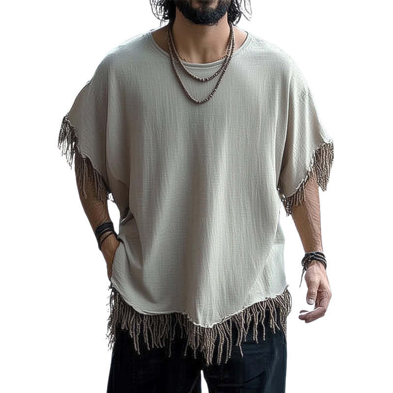 Men's Summer Ice Silk Wrinkled Tassel Loose Casual T-shirt