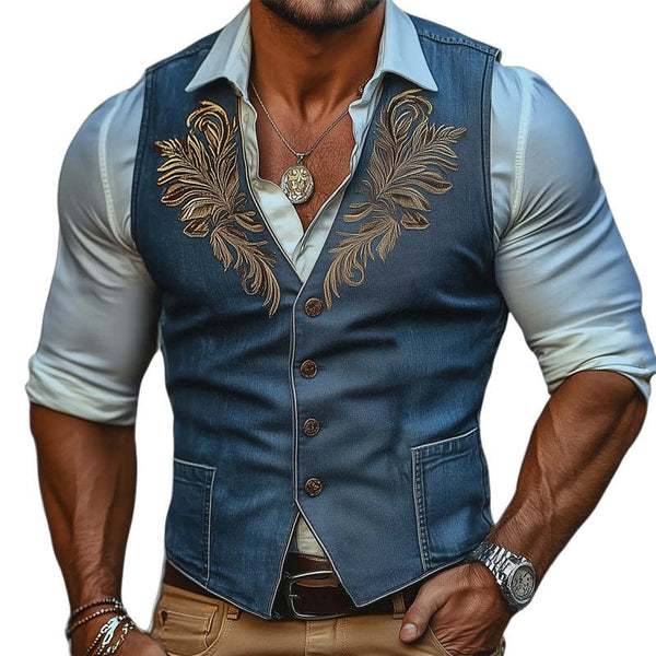 Men's Western Cowboy Style Button Up Check Embroidered Vest