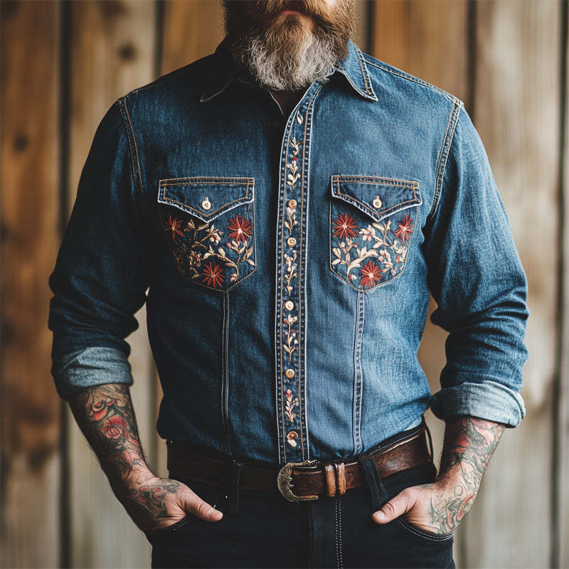 Men's Vintage Dark Blue Embroidered Washed Denim Shirt