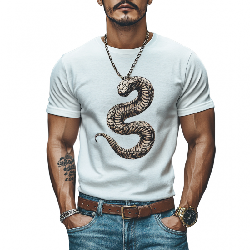 Camiseta informal de algodón con bordado de serpiente para hombre, cuello redondo, manga corta y corte ajustado
