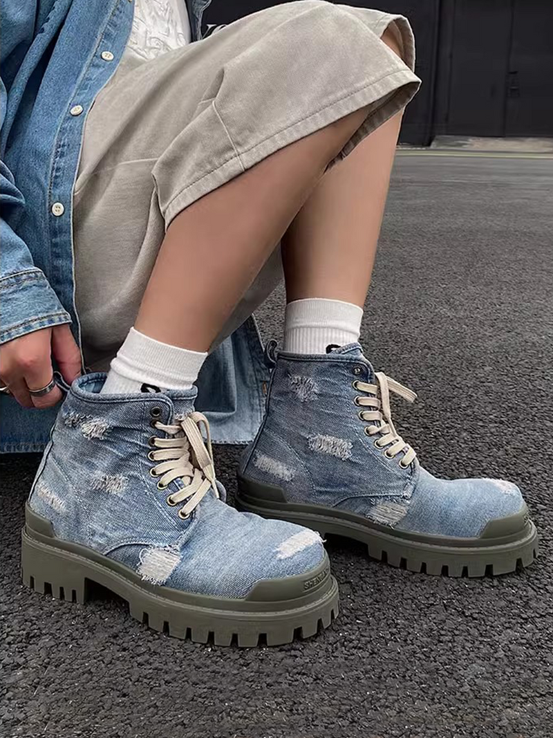 Retro Ripped Denim Work Boots