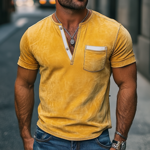 Camiseta de manga corta de ante brillante con cuello en V profundo informal y corte entallado para hombre