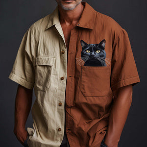 Men's Retro Cat Print Contrast Short Sleeve Shirt