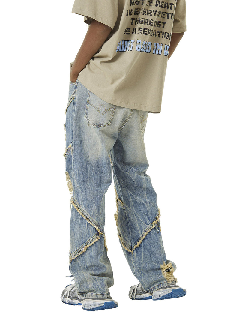 Heavy Washed Ripped Plaid Stitching Hip-Hop Jeans