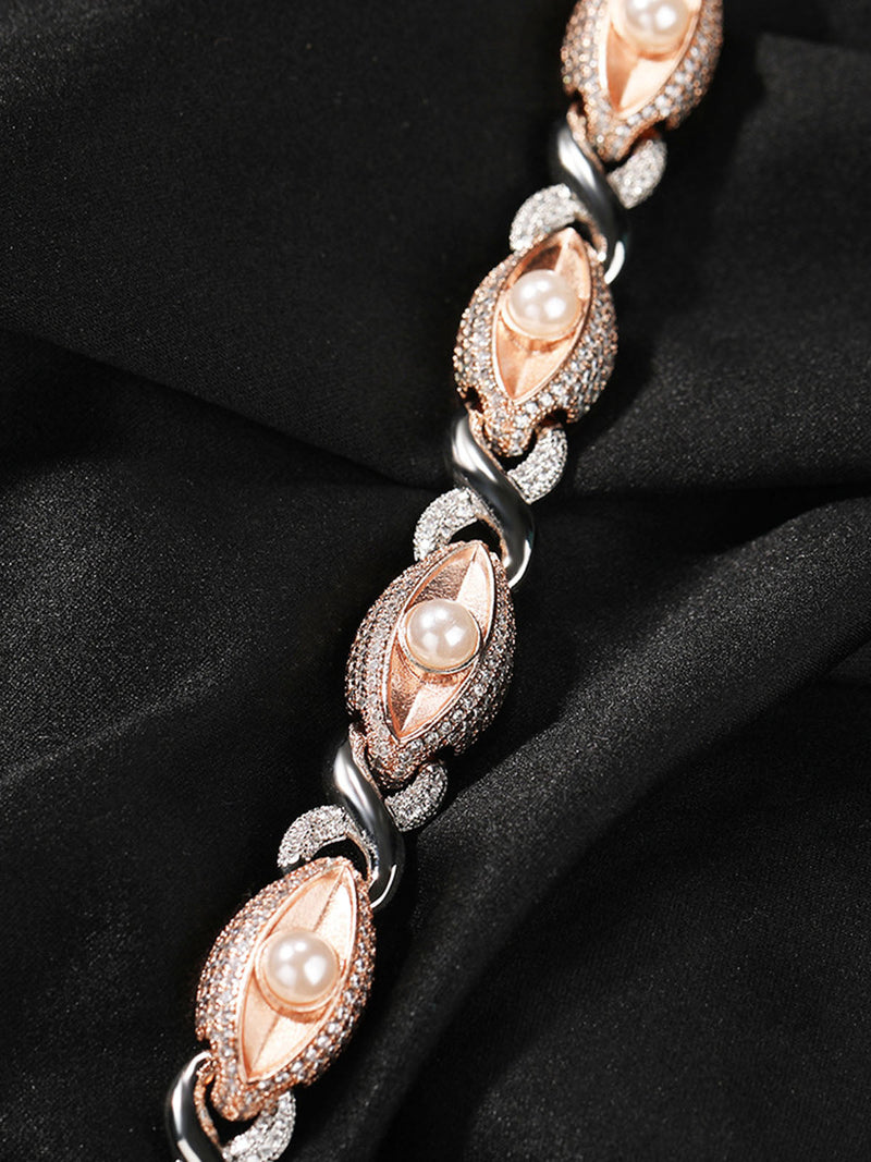 Sandblasted Pearl Eye Hotfix Rhinestone Copper Bracelet