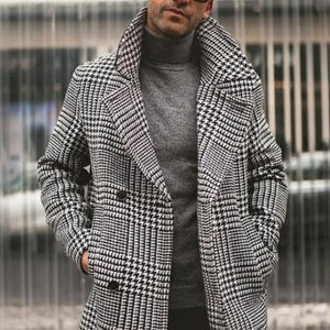 Men's Retro Classic Casual Double Breasted Knee-Length Houndstooth Coat
