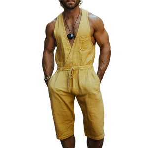 Men's Spring And Summer Fashion Casual Deep V-Neck Cotton And Linen Tank Top Length To Knee Shorts Jumpsuit