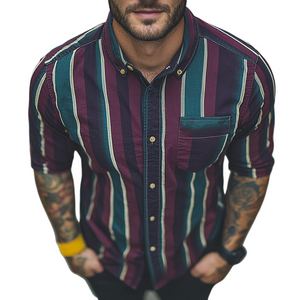 Camisa de manga larga con solapa y estampado de rayas retro informal para hombre