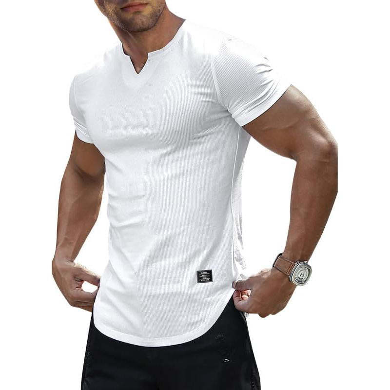 Camiseta de manga corta con cuello en V y punto de color liso para hombre