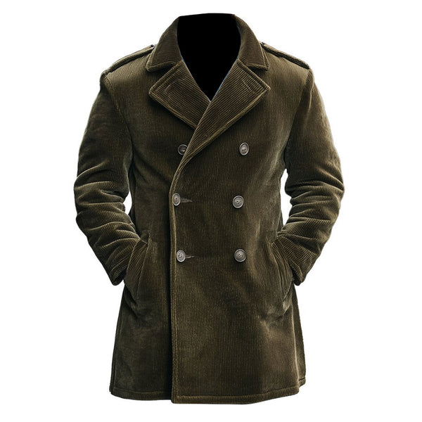 Men's Vintage Corduroy Double-Breasted Reverse Collar Mid-Length Coat Jacket