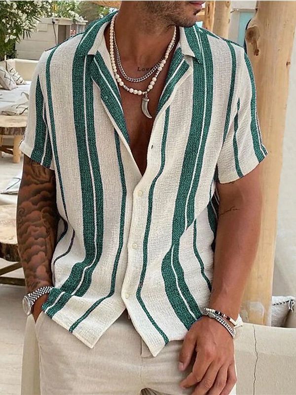 MEN'S STRIPED CARDIGAN WITH LAPEL AND SHORT SLEEVED SHIRT