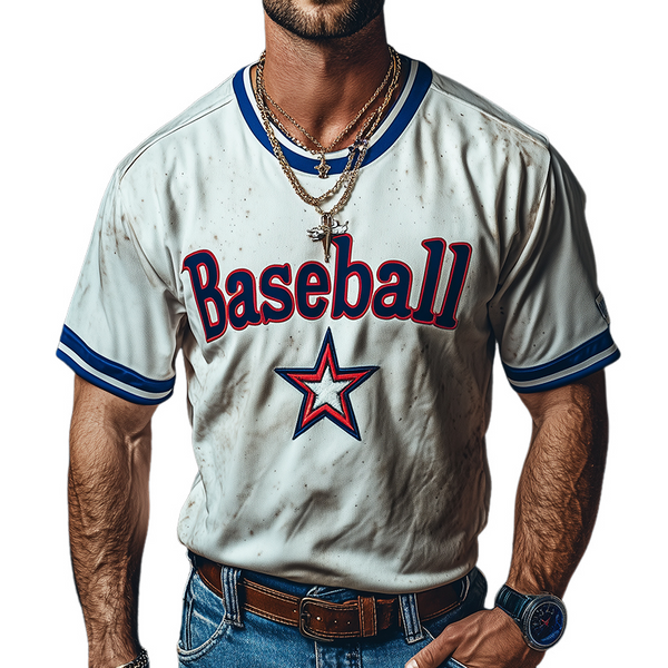 Camiseta de béisbol retro informal con cuello redondo y manga corta para hombre